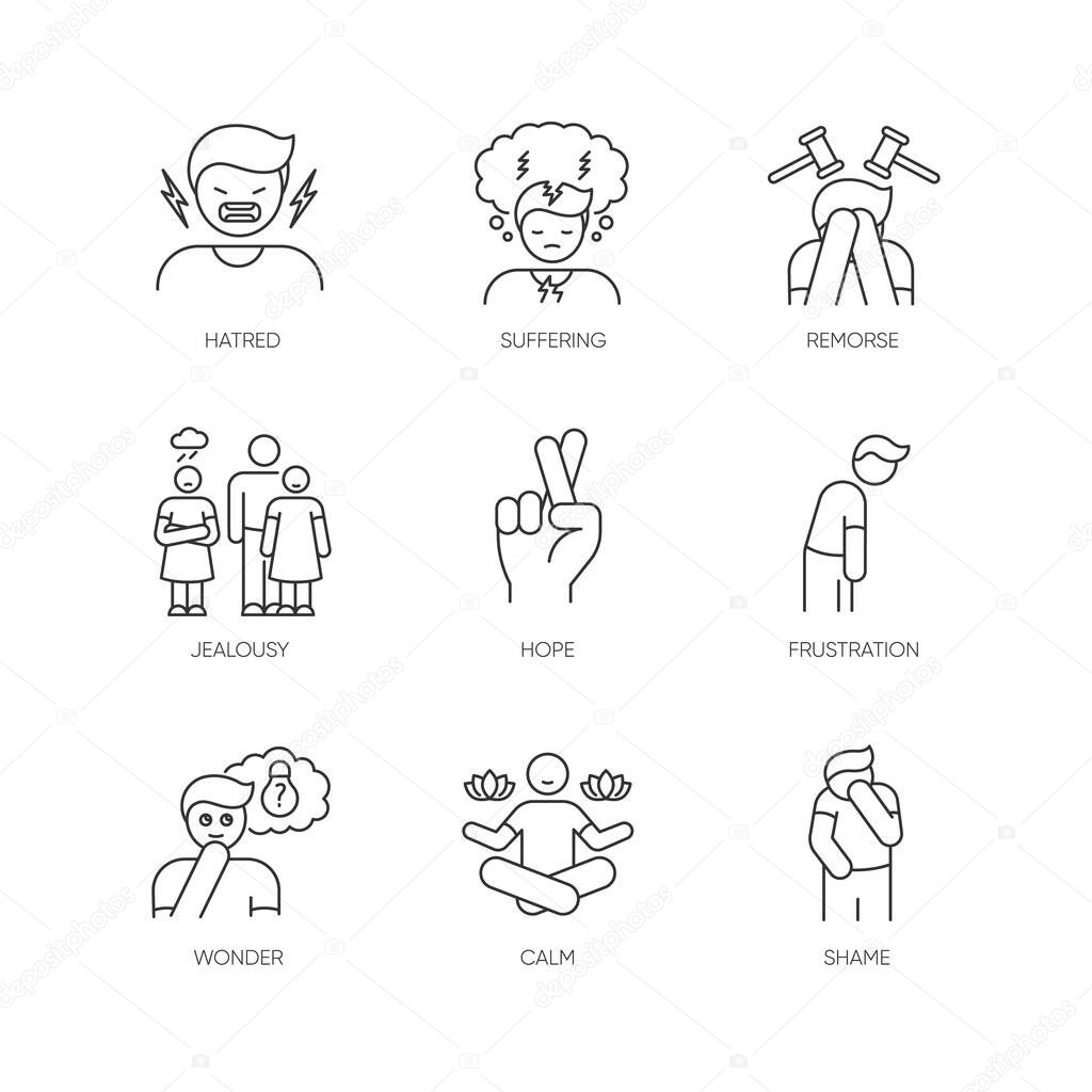 Feeling pixel perfect linear icons set. Social and moral emotion. Psychological disorder treatment. Customizable thin line contour symbols. Isolated vector outline illustrations. Editable stroke