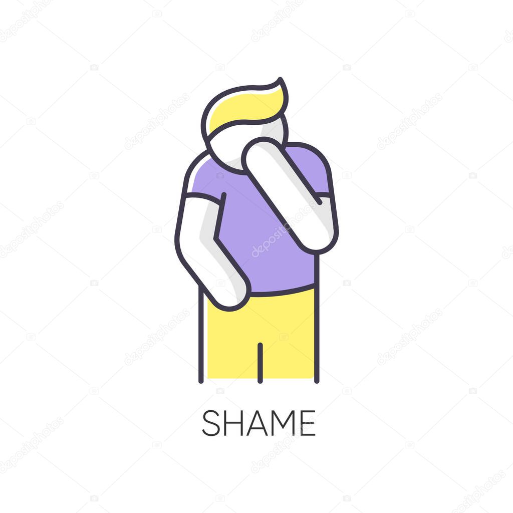 Shame RGB color icon. Human feeling embarrassed. Social emotion of guilt. Moral toxic feeling. Mental health issue. Psychological trauma. Man cover face. Isolated vector illustration