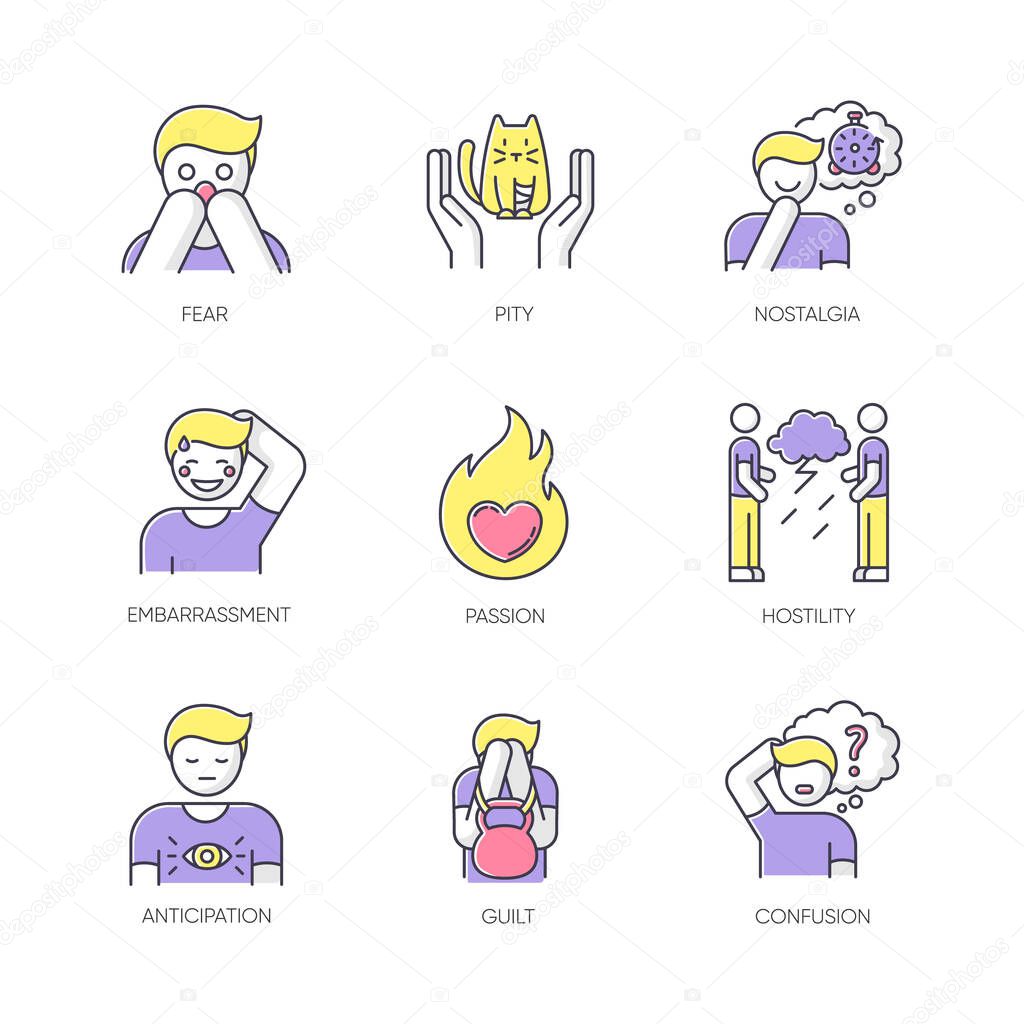 Emotion RGB color icons set. Fear from phobia. Human feelings. Psychological treatment. Mental state. Positive attitude. Negative behaviour. Panic attack. Isolated vector illustrations