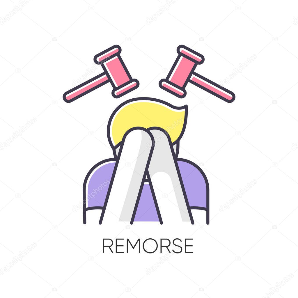 Remorse RGB color icon. Man with regret. Person cover face in shame. Crisis and loneliness. Mental health. Suffering from blame. Patient in distress. Feeling guilty. Isolated vector illustration