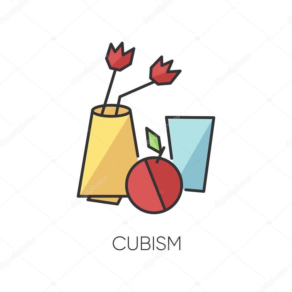 Cubism RGB color icon. Vase and fruit abstract composition. 20th century cultural movement. Still life minimal painting. Isolated vector illustration