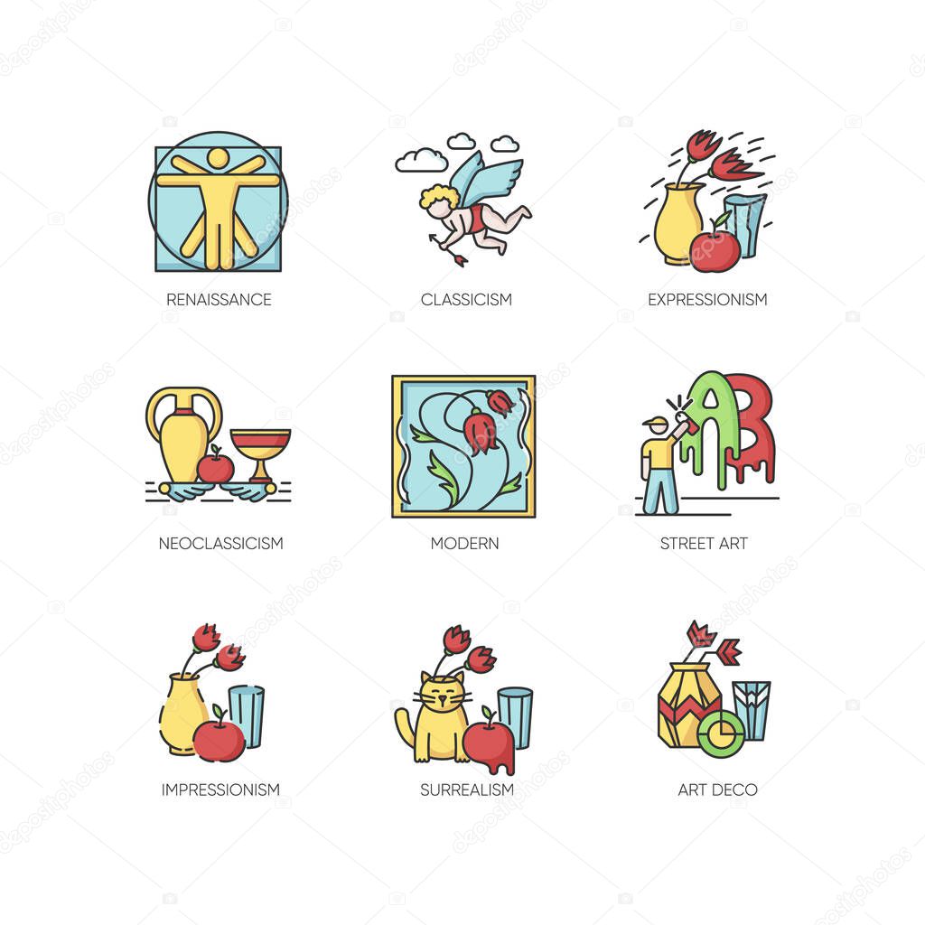 Art movements RGB color icons set. Artworks in surrealism, neoclassicism styles. Impressionism, expressionism and classicism painting. Isolated vector illustrations