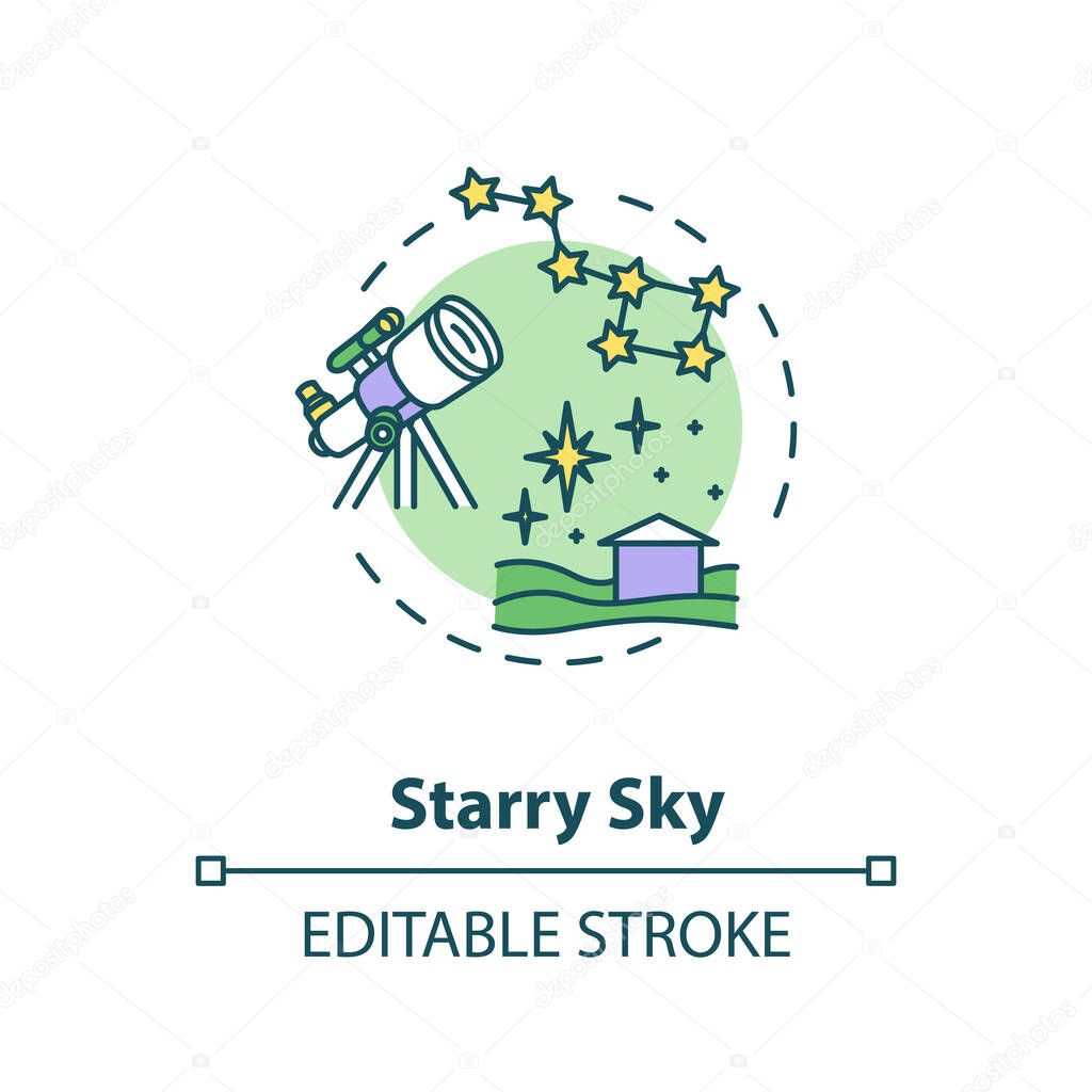Starry sky concept icon. Watch constellation with telescope. Night sky observation. Country camping idea thin line illustration. Vector isolated outline RGB color drawing. Editable stroke