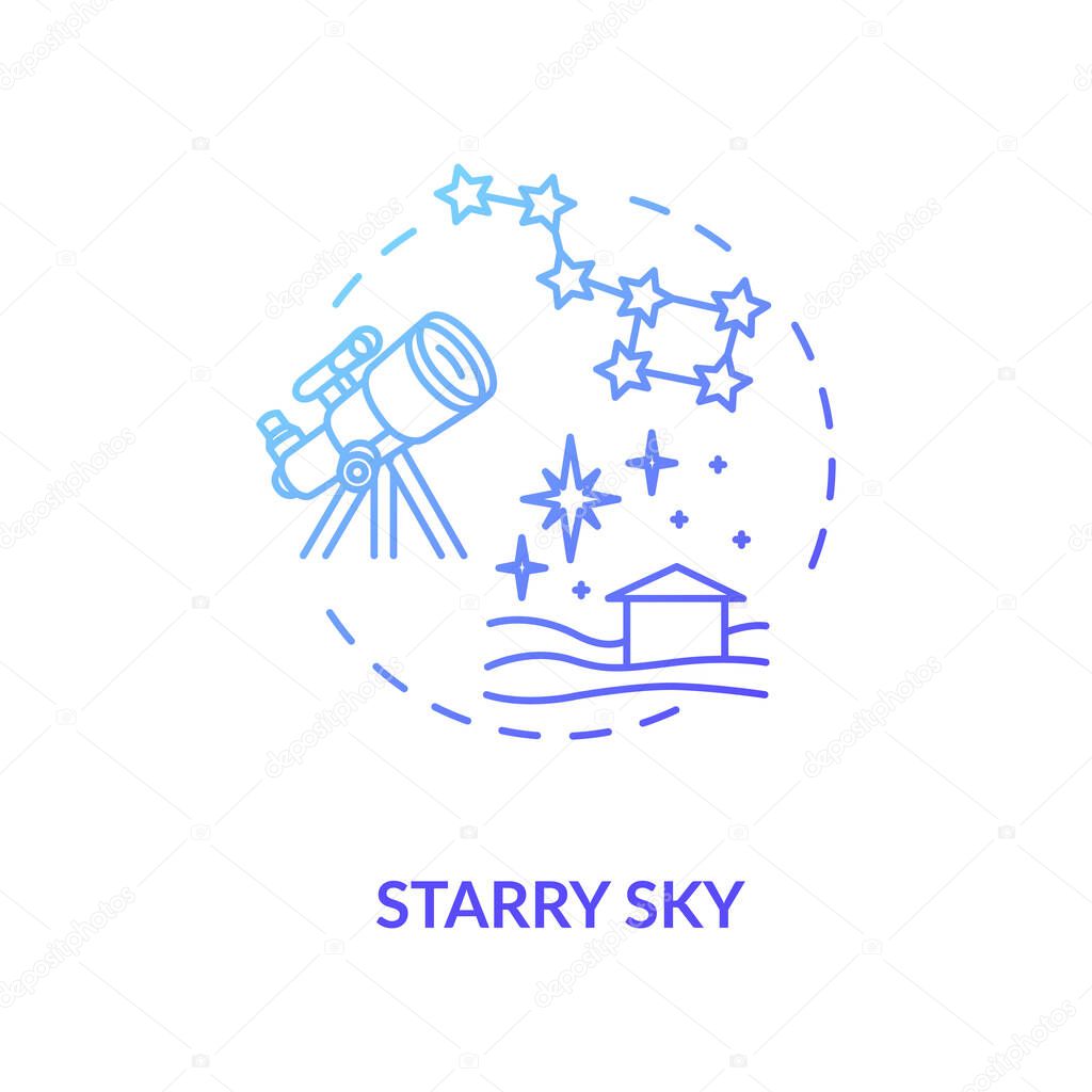 Starry sky blue concept icon. Watch constellation with telescope. Night sky observation in countryside. Country camping idea thin line illustration. Vector isolated outline RGB color drawing