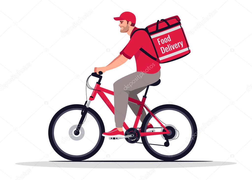 Food delivery biker semi flat RGB color vector illustration. Cafe order shipping worker on bike. Caucasian male courier in red uniform isolated cartoon character on white background