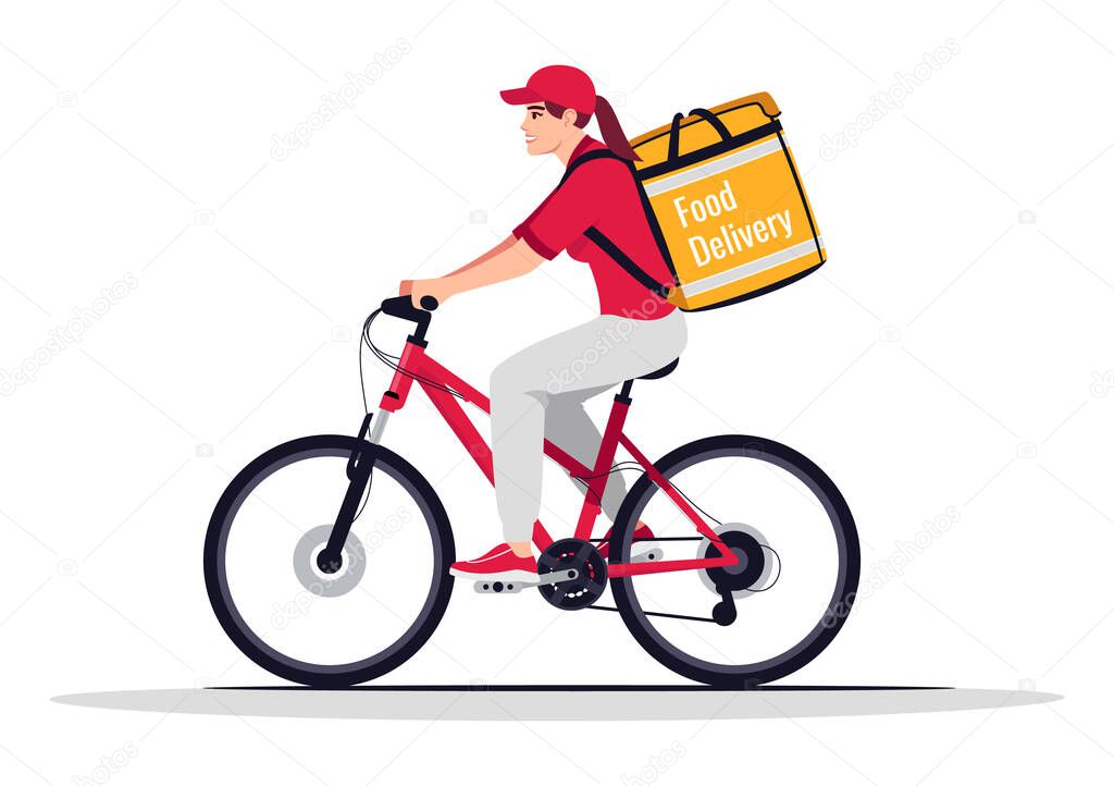 Female bike courier with food delivery semi flat RGB color vector illustration. Caucasian worker in red uniform. Fast food home shipping. Delivery woman isolated cartoon character on white background
