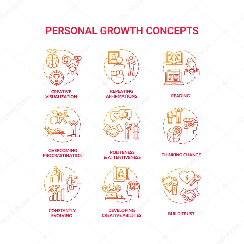 Personal growth concept icons set. Self improvement, goals achievement idea thin line RGB color illustrations. Skills and relationship development. Vector isolated outline drawings