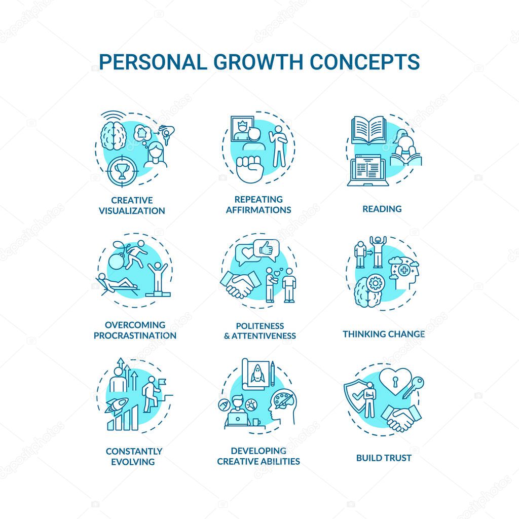 Personal growth concept icons set. Self improvement, goals achievement idea thin line RGB color illustrations. Professional and creative development. Vector isolated outline drawings. Editable stroke
