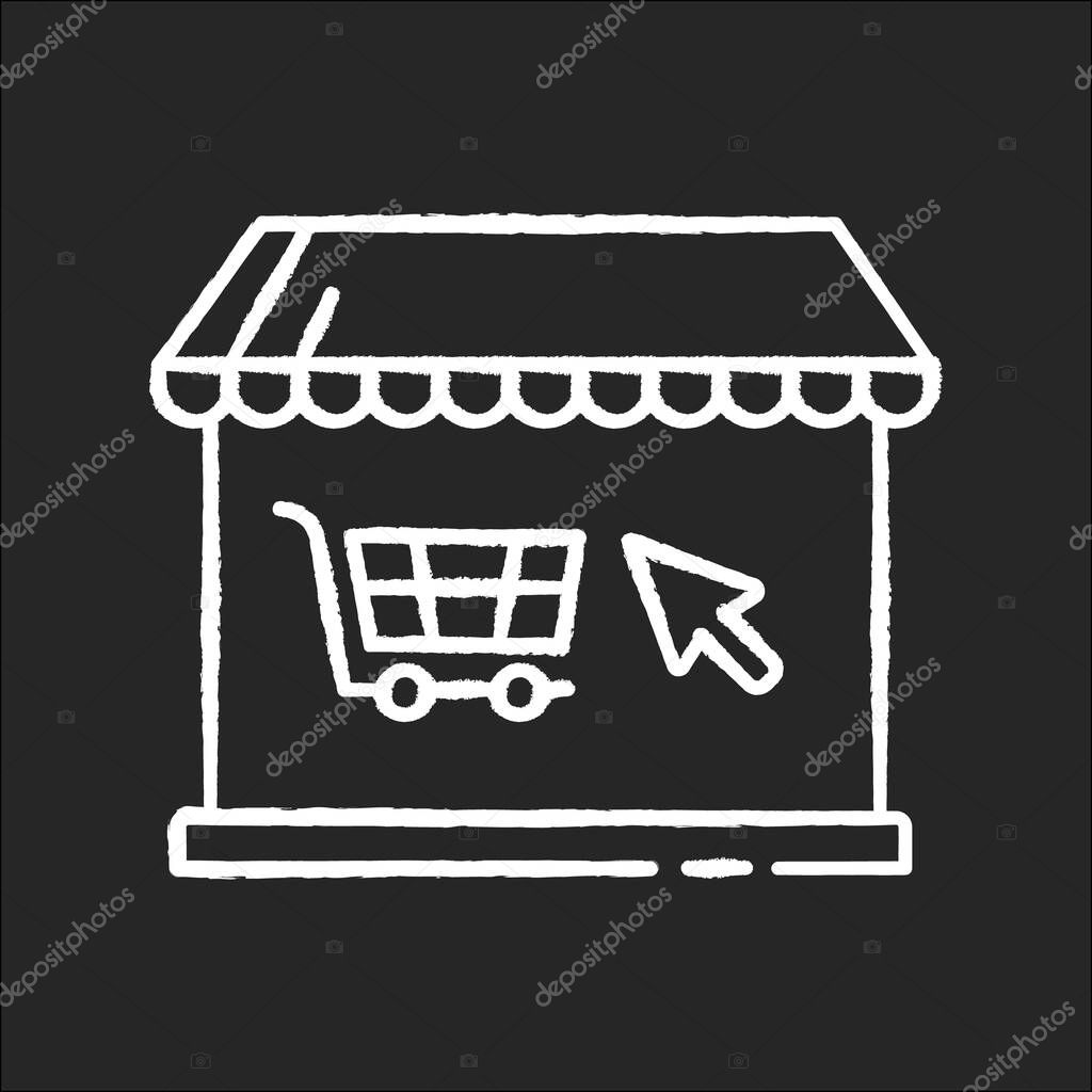 Online store chalk white icon on black background. Internet store for goods and food. E commerce and retail. Smart modern shopping. Purchase groceries. Isolated vector chalkboard illustration