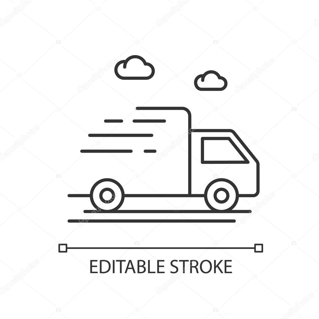 Delivery truck pixel perfect linear icon. Merchandise distribution. Express ground transportation. Thin line customizable illustration. Contour symbol. Vector isolated outline drawing. Editable stroke