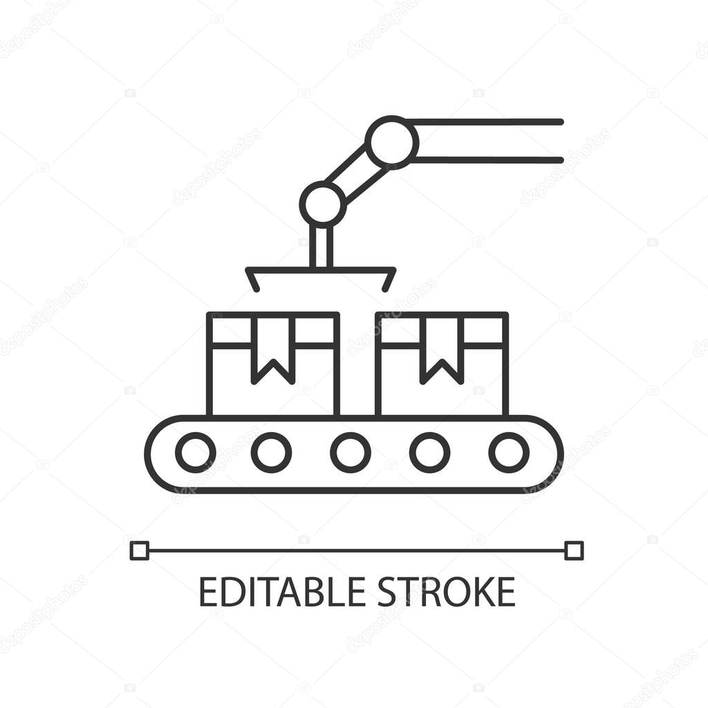 Production pixel perfect linear icon. Conveyor belt with cardboard boxes. Manufacture process. Thin line customizable illustration. Contour symbol. Vector isolated outline drawing. Editable stroke