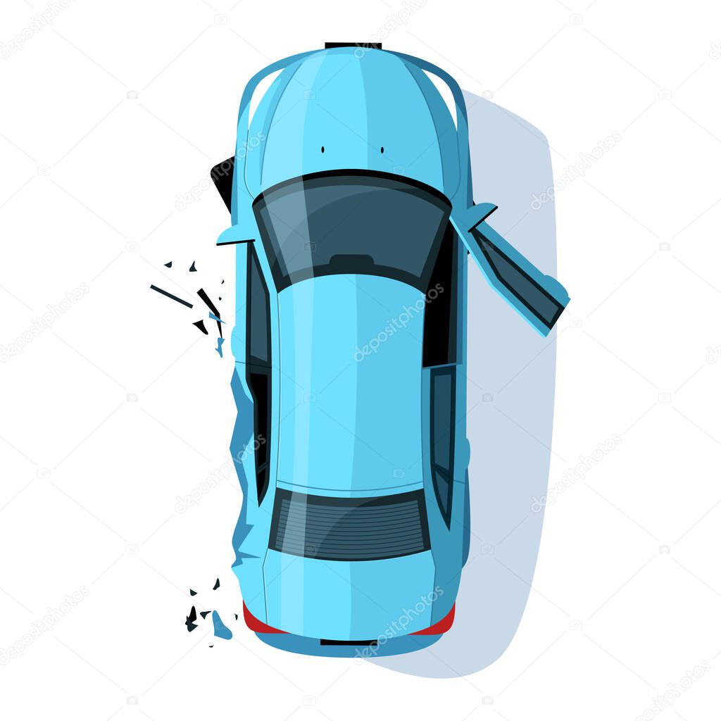 Crashed auto side semi flat RGB color vector illustration. Car accident. Collision on road. Claim insurance for vehicle. Blue sedan isolated cartoon object top view on white background