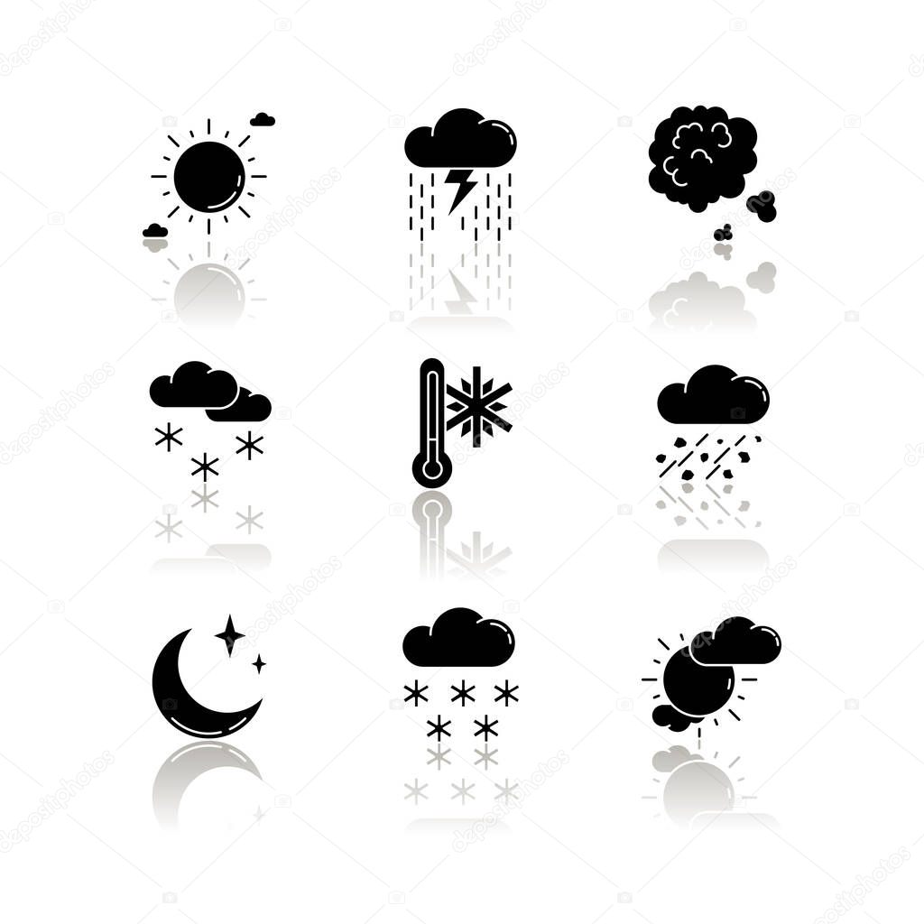 Sky clarity and precipitation drop shadow black glyph icons set. Seasonal weather forecast, meteorological report. Atmosphere condition prediction. Isolated vector illustrations on white space