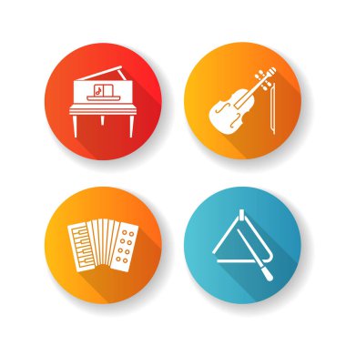 Müzik performansı düz tasarım uzun gölge simgeleri seti. Orkestra enstrümanları. Klasik müzik performansı. Canlı konser, melodi. Siluet RGB renk çizimi