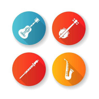 Orkestra enstrümanları düz tasarım uzun gölge sembolleri seti. Akustik gitar. Batı country müziği için banço. Flüt sesi. Saksafon sesi. Siluet RGB renk çizimi