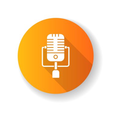Klasik turuncu mikrofon düz tasarım uzun gölge simgesi. Canlı performans için mikrofon. Müzik konseri. Radyodan duyuru. Karaoke ve eğlence. Siluet RGB renk çizimi