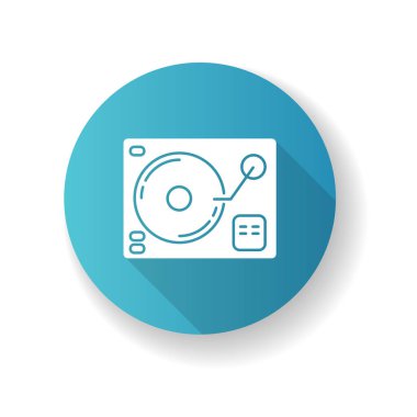 Turntablizm mavi düz tasarım uzun gölge simgesi. Parti için DJ ekipmanı. Şarkı mikseri elektronik teçhizatı. Kulüp dans müziği. Melodileri karıştırmak için konsol. Siluet RGB renk çizimi
