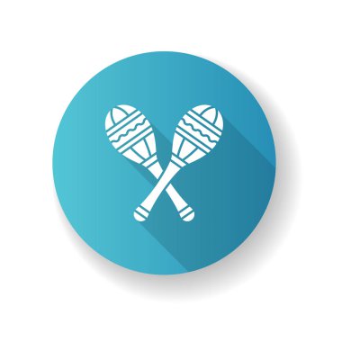 Maracas mavi düz tasarım uzun gölge sembolü. Etnik festival için geleneksel müzik aleti. Grup performansı için çapraz çalkalayıcılar. Ritim perküsyonu. Siluet RGB renk çizimi