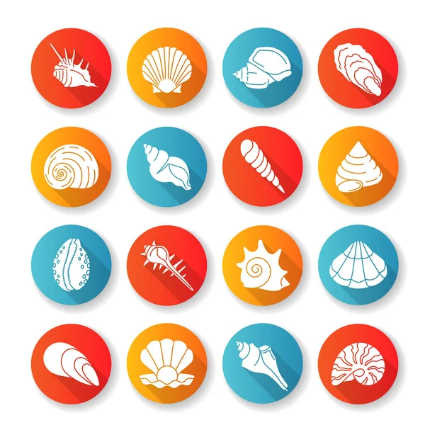 Seashells Design Piatto Lungo Ombra Glyph Set Icone Diverse Conchiglie — Vettoriale Stock