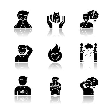 Duygusal gölge siyah sembol simgeleri ayarlandı. Korku fobisi. İnsani duygular. Psikolojik tedavi. Zihinsel durum. Pozitif tavır. Panik atak. Beyaz uzayda izole vektör çizimleri
