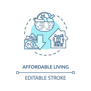 Uygun fiyatlı canlı turkuaz konsept ikonu. Konut kirası. Aile evi. Ev ekonomisi. Gayrimenkul fikri ince çizgi çizimi. Vektör izole edilmiş RGB renk çizimi. Düzenlenebilir vuruş