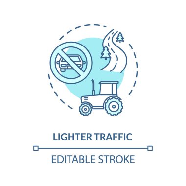 Daha hafif trafik turkuaz konsept simgesi. Otomobil yok. Boş yol ve sokak. Kırsal taşıma fikri ince çizgi çizimi. Vektör izole edilmiş RGB renk çizimi. Düzenlenebilir vuruş