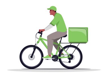 Ev paketi teslimatı yarı düz RGB renk çizimi. Bisikletli Afrikalı Amerikan kuryesi. Yeşil üniformalı teslimatçı beyaz arka planda karikatür karakteri izole etti.