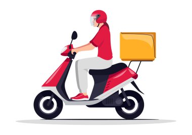 Sipariş servisi yarı düz RGB renk çizimi. Bisikletli kurye nakliye paketini getirdi. Kırmızı üniformalı ve kasklı teslimatçı kadın beyaz arka planda karikatür karakterini izole etti.
