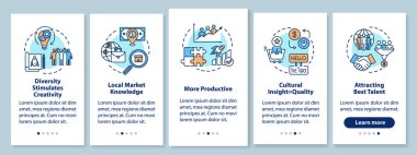 Çok ırklı takım, mobil uygulama sayfa ekranında kavramlarla birlikte. Etkili şirket geliştirme 5 aşamalı grafik talimatlar. RGB renk resimleriyle UI vektör şablonu