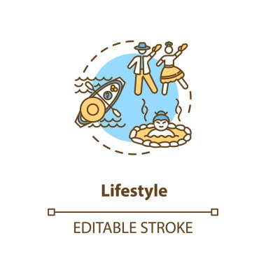 Yaşam tarzı konsept ikonu. Kültürel çeşitlilik. Etnik gelenekler. Çok ırklı sosyal norm. Ulusal gelenek fikri ince çizgi çizimi. Vektör izole edilmiş RGB renk çizimi. Düzenlenebilir vuruş