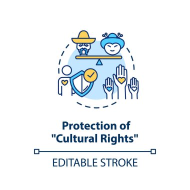 Kültür Hakları kavramının korunması. Çoklu etnik güçlenme. Sosyal birlik. Irksal eşitlik fikri ince çizgi çizimi. Vektör izole edilmiş RGB renk çizimi. Düzenlenebilir vuruş