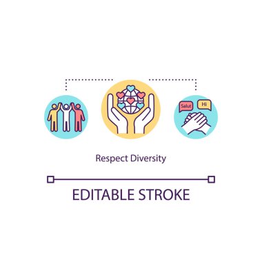 Çeşitlilik konsepti ikonuna saygı göster. Çok ırklı dayanışma. Çok ırklı bir birliktelik. Ulusal eşitlik. Çok kültürlülük fikri ince çizgi çizimi. Vektör izole edilmiş RGB renk çizimi. Düzenlenebilir vuruş