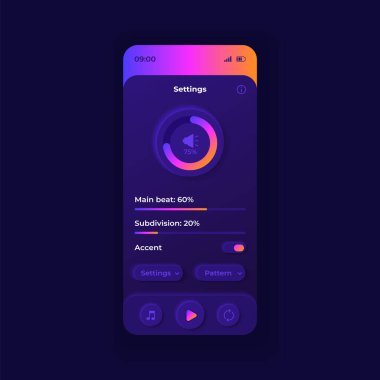 Metronom parametreleri akıllı telefon arayüz vektör şablonu. Mobil uygulama sayfa koyu tasarım düzeni. Müzisyenler yardımcı uygulama ekranı. Başvuru için düz UI. Telefon ekranında BPM ayarları