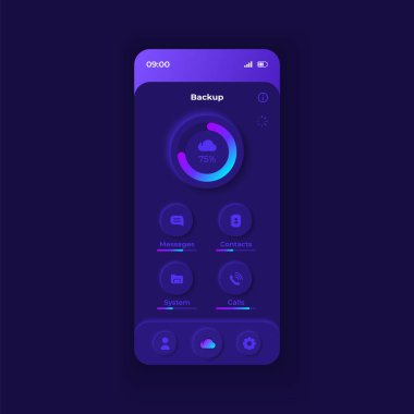 İnternet depolama uygulaması akıllı telefon arayüz vektör şablonu. Mobil uygulama sayfa koyu tasarım düzeni. Veri yükleme süreci ekranı. Başvuru için düz UI. Telefon ekranında bulut kopyalama işlemi