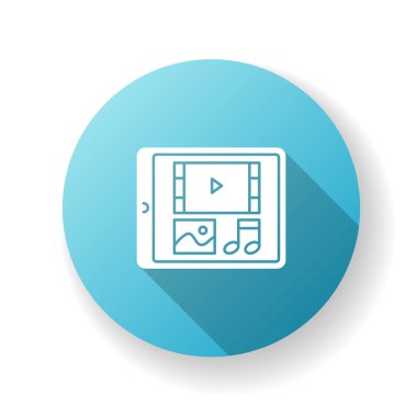 Çokluortam mavi düz tasarım uzun gölge simgesi. Menü navigasyonlu tablet görüntüsü. Dijital teknoloji. Elektrikli cihaz ekranı. Fotoğraf ve video cihazda. Siluet RGB renk çizimi