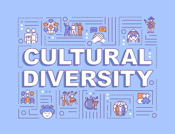 Cultural diversity word concepts banner. International communication. Different race. Infographics with linear icons on blue background. Isolated typography. Vector outline RGB color illustration