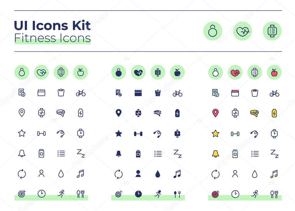 Fitness UI icons kit. Gym thin line, glyph and color vector symbols set. Cardio workout schedule. Training goal. Sport mobile app buttons in green circles pack. Web design elements collection