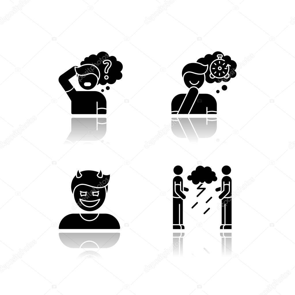 Human attitude drop shadow black glyph icons set. Man think in confusion. Person experience nostalgia. Evil gloat. Hostility and aggression attitude. Isolated vector illustrations on white space