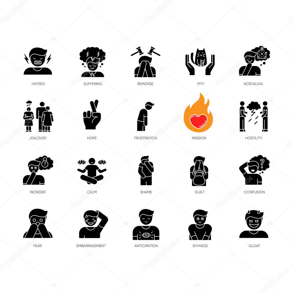 Human feelings black glyph icons set on white space. Psychological treatment. Positive attitude. Negative behaviour. Moral and social emotion. Silhouette symbols. Vector isolated illustration