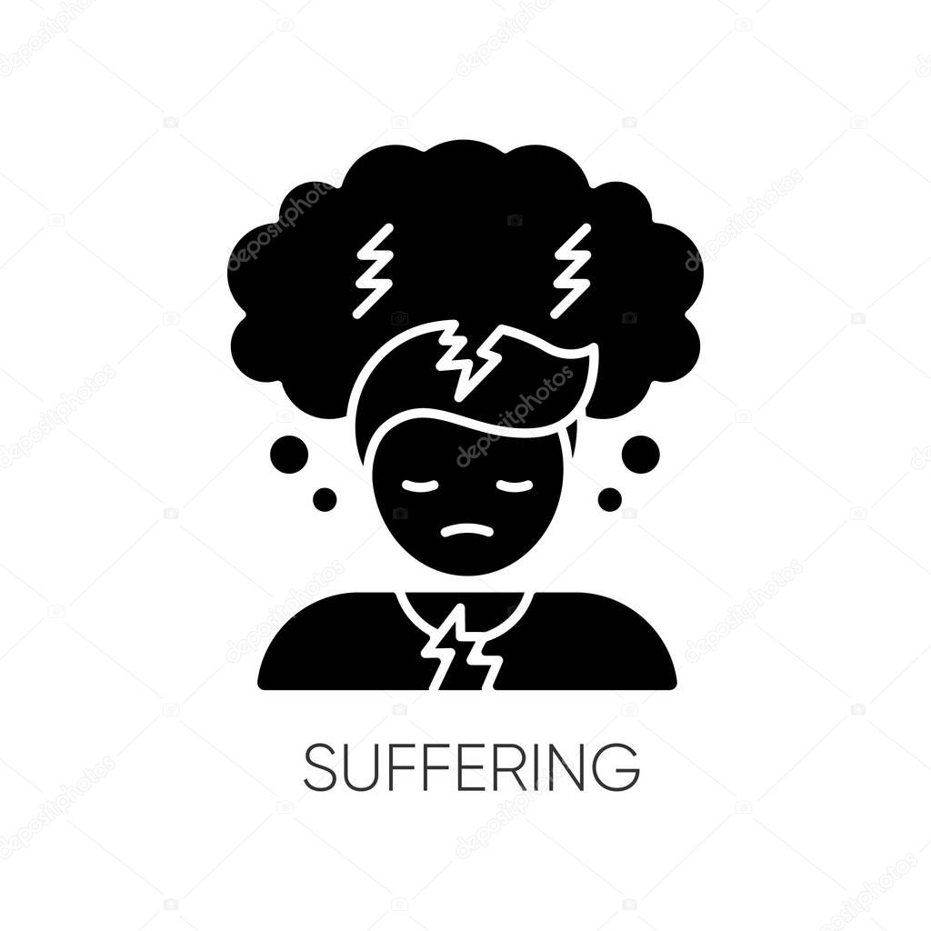 Suffering black glyph icon. Anxiety disorder. Depression symptom. Feeling of pain. Migraine from tension. Negative psychological state. Silhouette symbol on white space. Vector isolated illustration