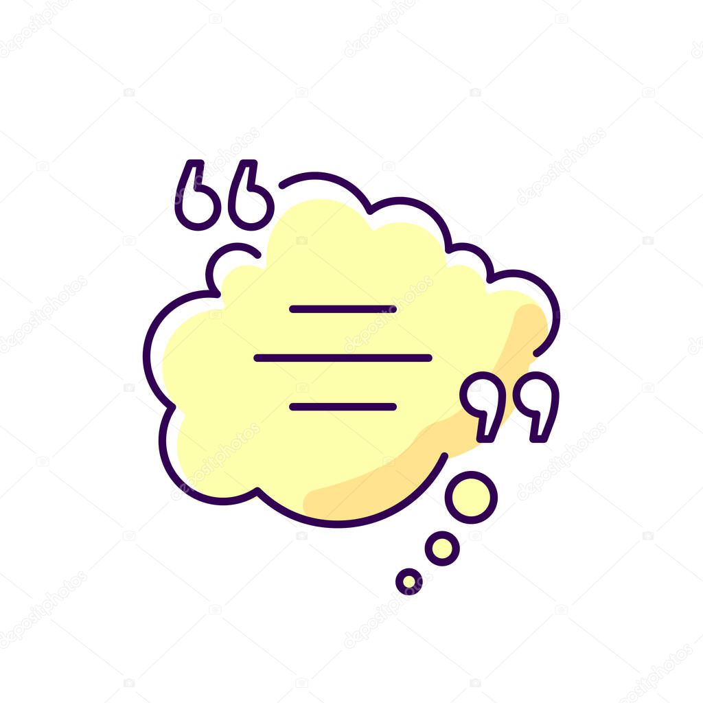 Thought bubble with quotes yellow RGB color icon. Dream cloud. Empty box for direct speech. Blank dialogue form with quotation marks. Isolated vector illustration