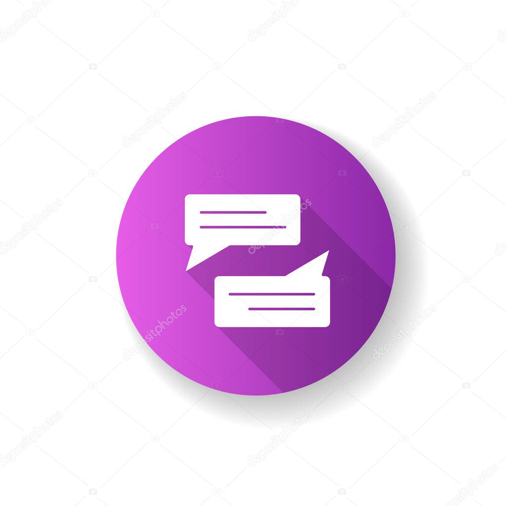 Message bubbles violet flat design long shadow glyph icon. Empty chat cloud. Online communication. Blank chat balloons. Comment box with copyspace. Silhouette RGB color illustration