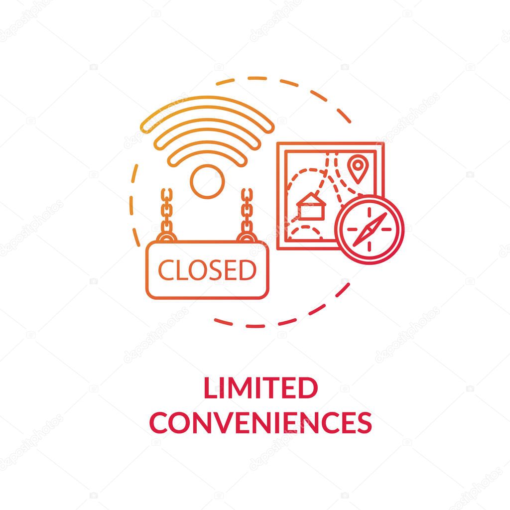 Limited conveniences red concept icon. Country living inconvenience. Long distance. Village life disadvantage idea thin line illustration. Vector isolated outline RGB color drawing