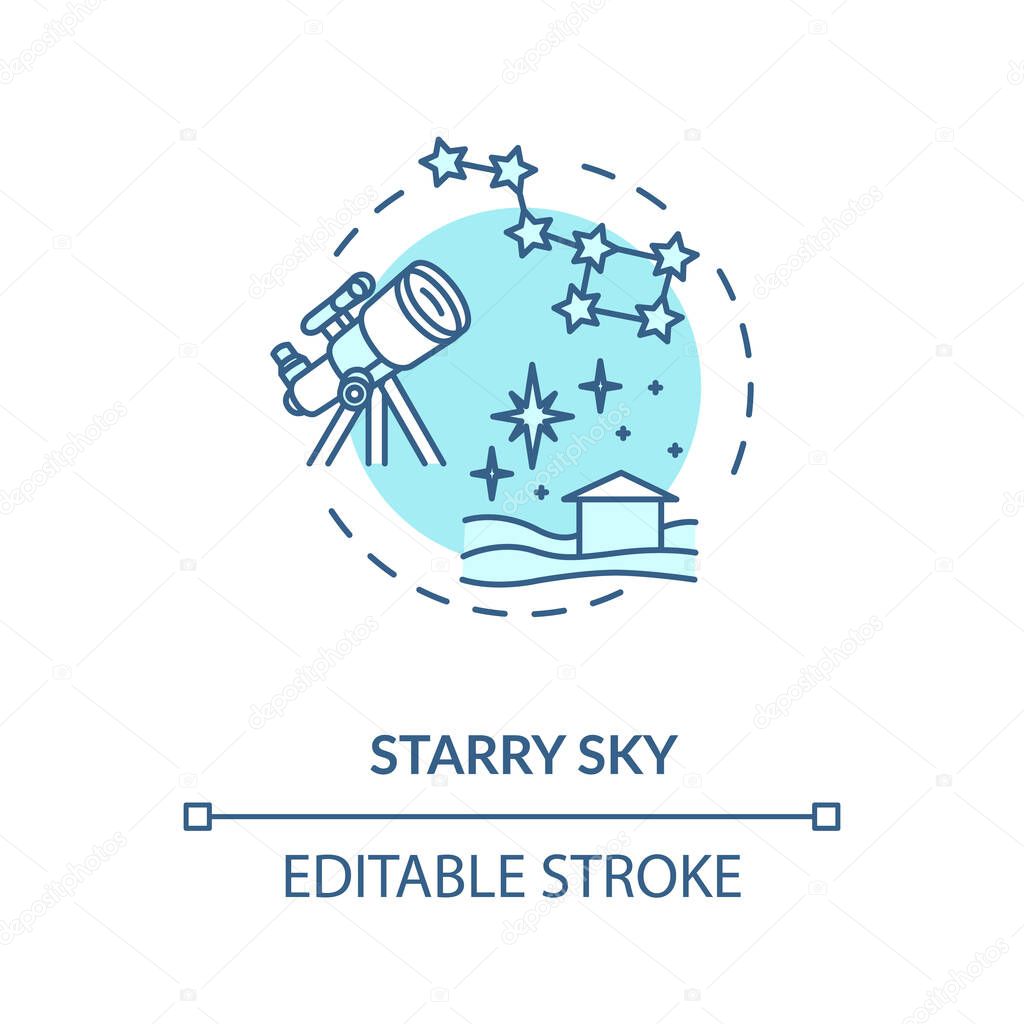 Starry sky turquoise concept icon. Watch constellation with telescope. Night sky observation. Country camping idea thin line illustration. Vector isolated outline RGB color drawing. Editable stroke