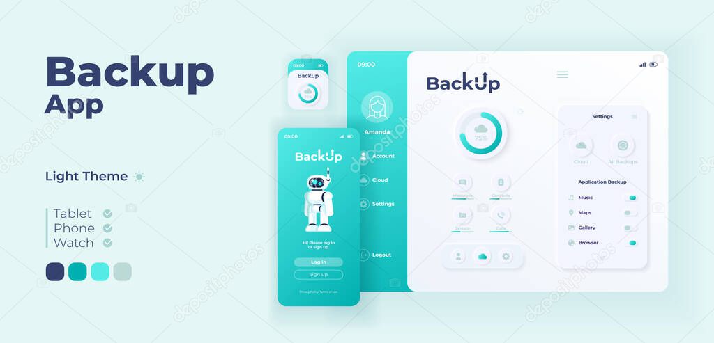 Backup app screen vector adaptive design template. Cloud storage application day mode interface with flat characters. Personal internet database smartphone, tablet, smart watch cartoon UI