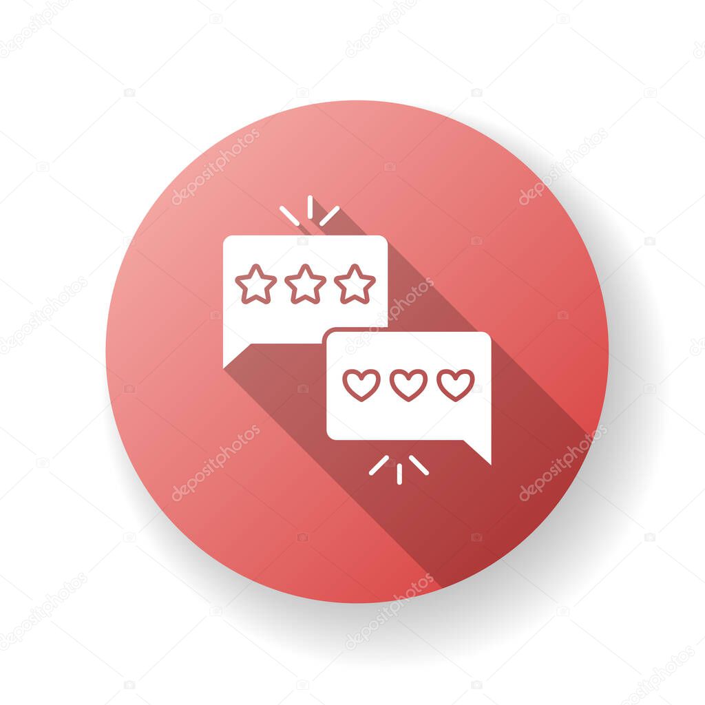 Review red flat design long shadow glyph icon. Customer service satisfaction level. Social media feedback. Evaluation star rate. Excellent quality. Positive comment. Silhouette RGB color illustration