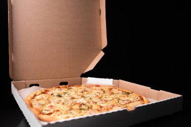 Siyah arka plandaki kutuda Pepperoni var. Tat