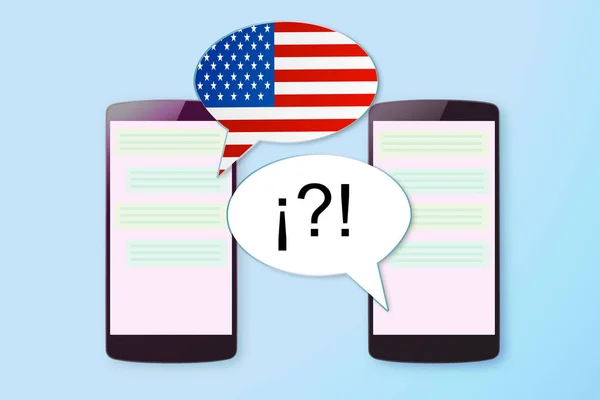 Two mobiles in a chat communication in American English and other language. Empty copy space — Stock Photo, Image
