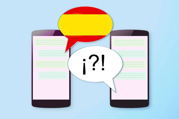 Two mobiles in a chat communication in Spanish and other language. Empty copy space — Stock Photo, Image