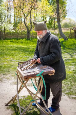 Kiev, Ukrayna - 23 Nisan 2017: Yaşlı Ukraynalı adam, bir köylü bir uzun bıyık ve sakal ziller antik bir müzik aleti canlandırdı. Bahar manzara. Eski sokak müzisyeni. Müze Pyrohiv